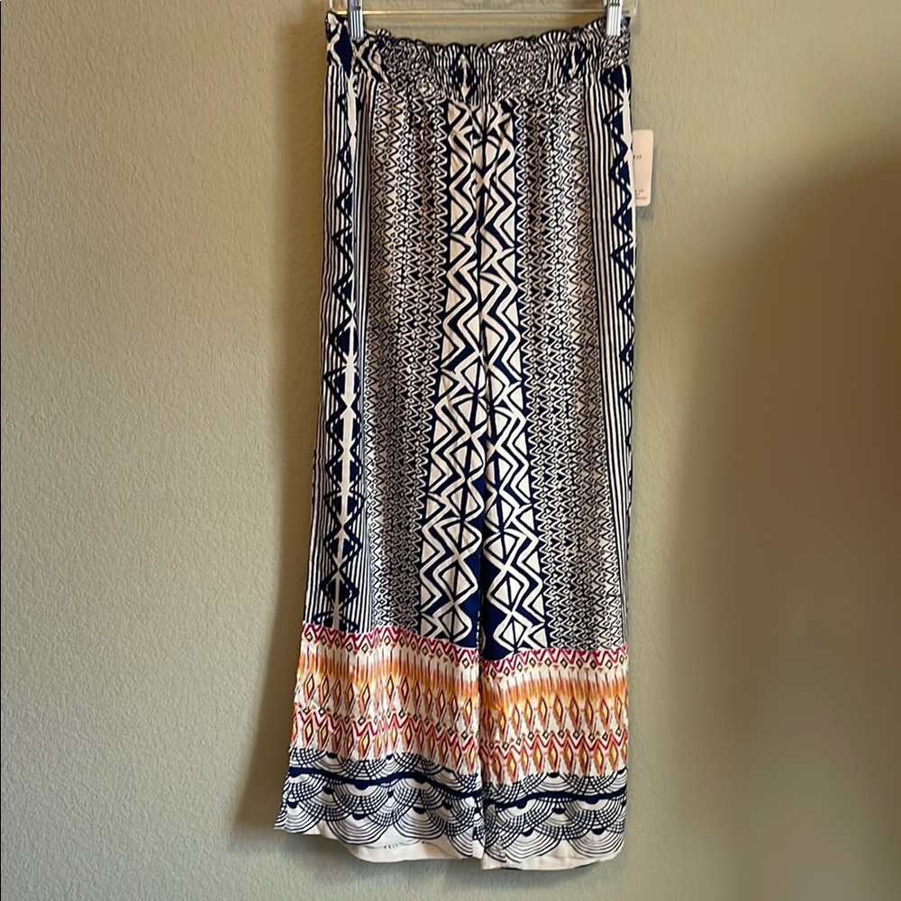 Angie Wide Leg Patterned Jumpsuit Pants in Navy, White & Orange